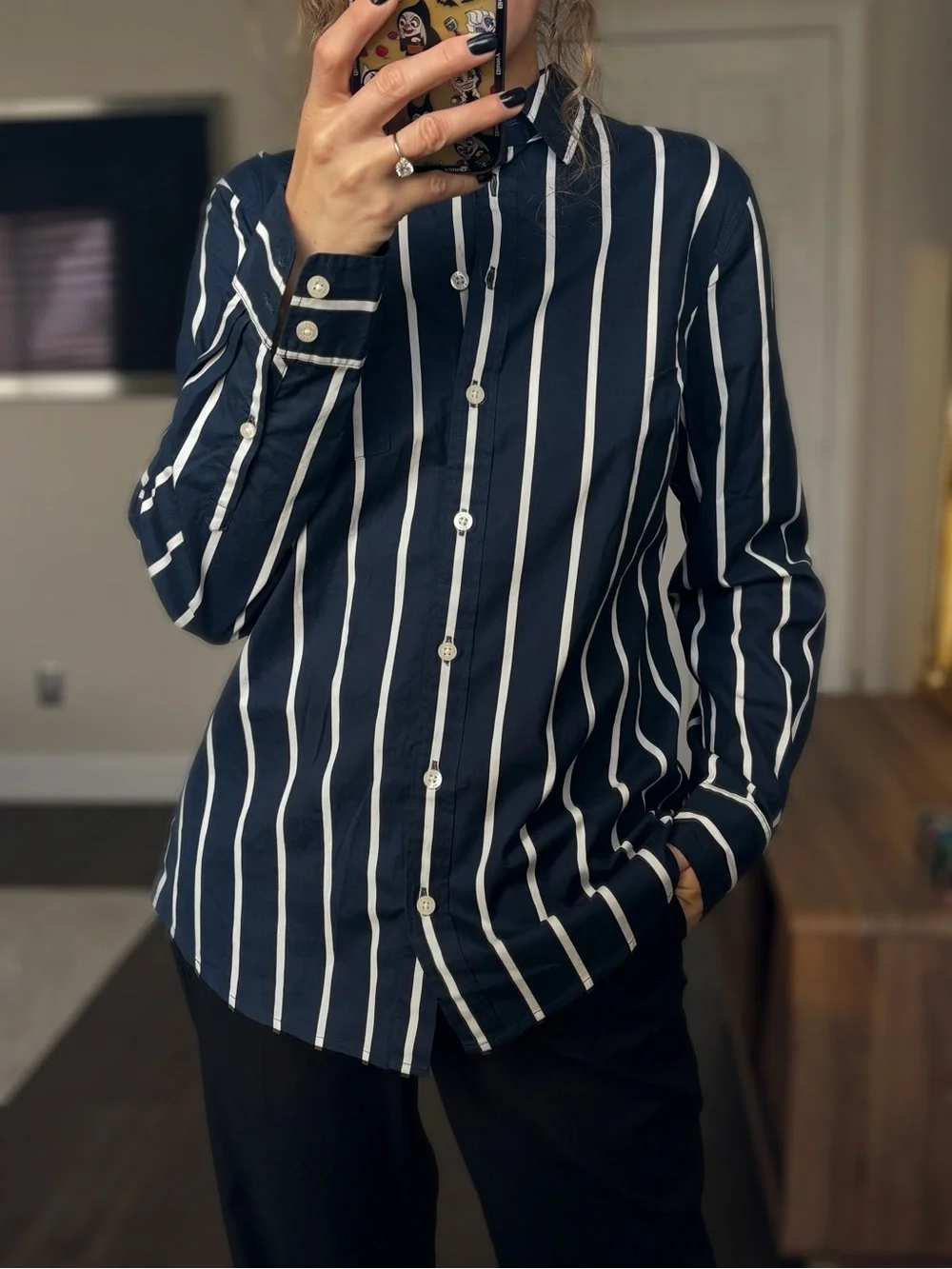 J. Crew Navy and White Vertical Stripe Button-Down Shirt Sz S